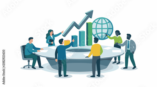 Diverse team discusses global business growth strategy around a conference table