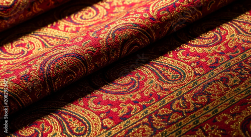 Rich red fabric with intricate gold and blue paisley pattern, suggesting luxury and traditional design, perfect for textile showcase or decorative accent
