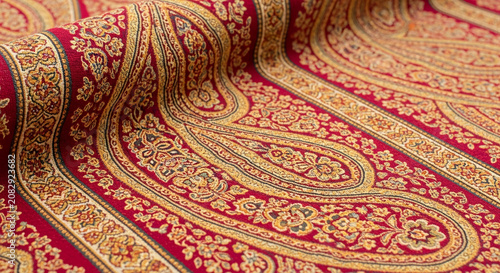 Detailed close-up of a red textile with intricate golden paisley patterns, symbolizing traditional artistry and rich cultural heritage