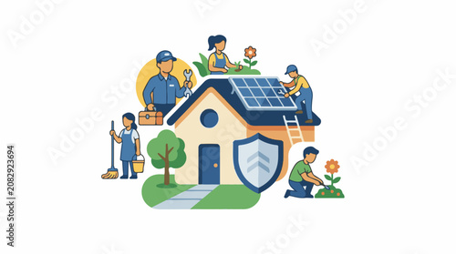 Diverse team installing solar panels and caring for home environment