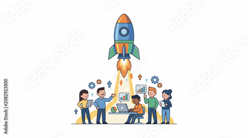 Diverse team launches rocket with data charts and gears