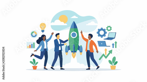 Diverse team launches rocket with upward trending graphs and ideas