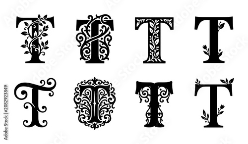 Ornate Letter T Monograms, Decorative Floral Alphabet Designs, Vintage Typography Elements, Elegant Initial T Vector Set