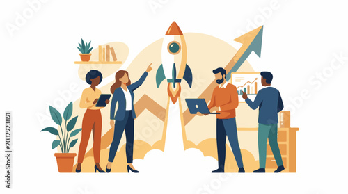 Diverse team launches upward growth with rocket charts and tech
