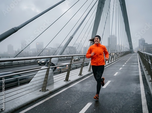 Runner on modern suspension bridge in foggy weather.