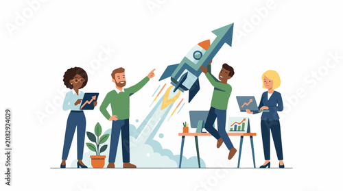 Diverse team launching a rocket symbolizing growth and success