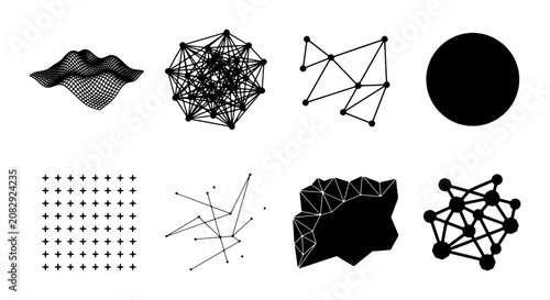 Abstract Geometric Network Shapes, Minimalist Data Nodes, Digital Connection Icons, Modern Science Vector Art