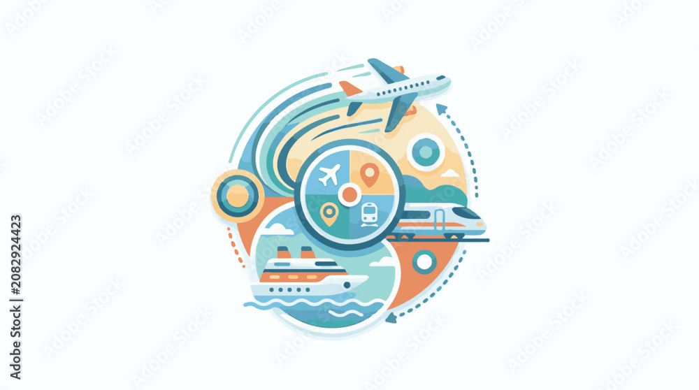 Naklejka premium Diverse transportation methods connect global destinations in a circular journey