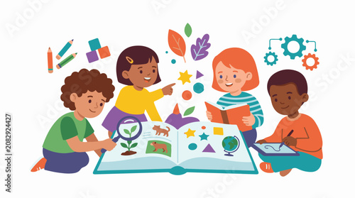 Diverse children learning together with books magnifying glass and digital tablet
