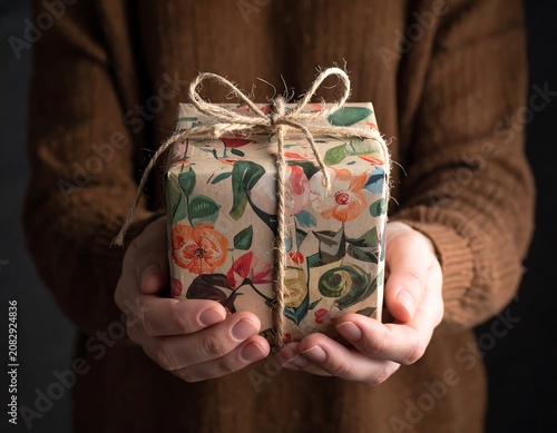 Person holding wrapped gift box with floral pattern