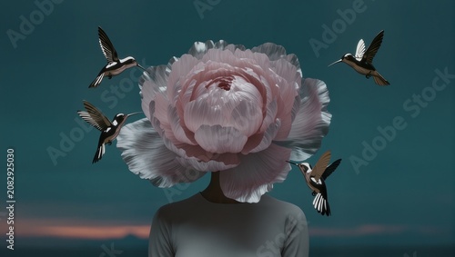Surreal portrait of a woman with a blooming peony head