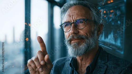 Business executive using artificial intelligence analytics, holographic charts and digital data interface, futuristic corporate environment, smart decision making concept, realistic commercial photo, 