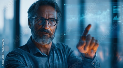 Business executive using artificial intelligence analytics, holographic charts and digital data interface, futuristic corporate environment, smart decision making concept, realistic commercial photo, 