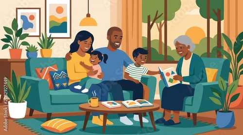 Family reading together at home.