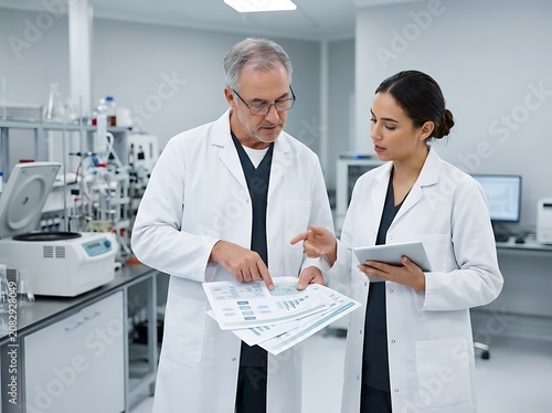 Scientists collaborating in modern laboratory setting.
