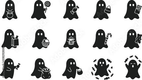 Cute Ghost Holding Halloween Candy Vector Icons