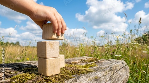 Child's hand stacking wooden blocks in nature