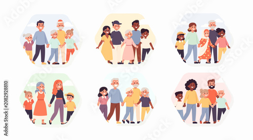 Diverse families and generations holding hands, diversity, unity, happiness