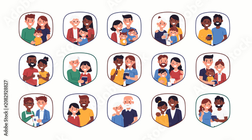 Diverse Families Cartoon Shields - Generations, Relationships, Unity