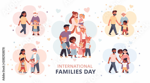 Diverse families celebrating International Families Day, flat vector illustration