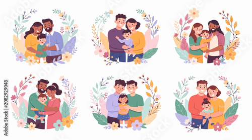 Diverse families with children, floral wreaths
