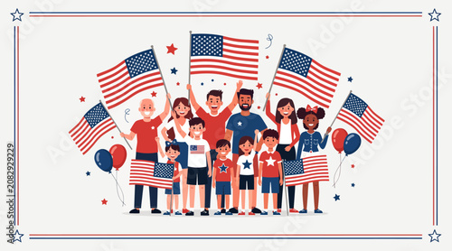 Diverse family celebrating with American flags