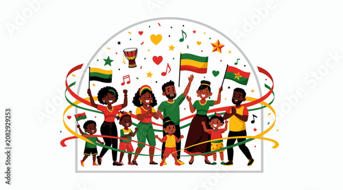 Diverse Family Celebration with African Flags and Confetti - Unity and Joy