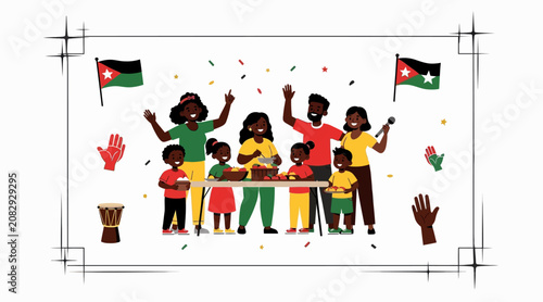 Diverse Family Celebration, Jordanian Flag, Food, Music, Unity