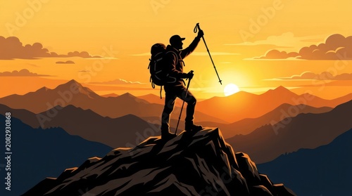 Silhouette of a Hiker Reaching Mountain Summit at Golden Sunrise.