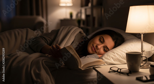 Young woman reading an interesting book in bed at night before sleeping