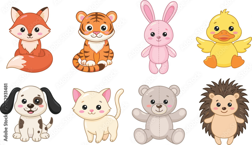 Fototapeta premium Cute Baby Animals and Plush Teddy Bear Toys Vector Illustration Character Set