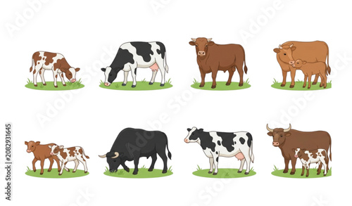 Bild auf Leinwand Farm cattle vector set with grazing cows bulls and calves on green grass isolate