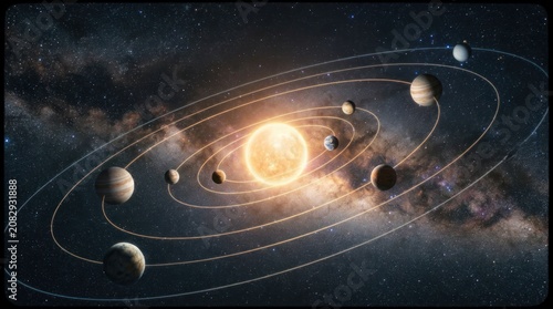 Solar System with Planets Orbiting the Sun in Space.
