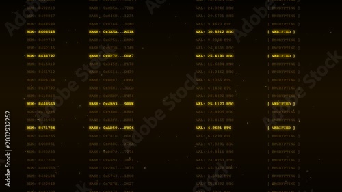 Cryptocurrency blockchain transaction ledger scrolling upwards with yellow hash data codes and BTC values on a dark monitor
