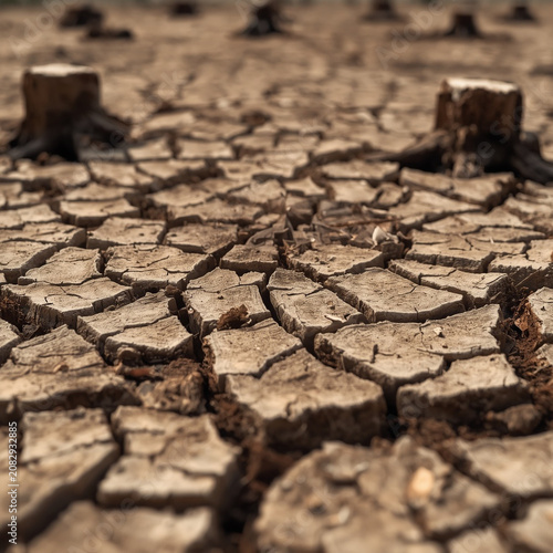 Close up macro photograph of dry cracked earth texture and tree stumps across a barren landscape, generative AI
