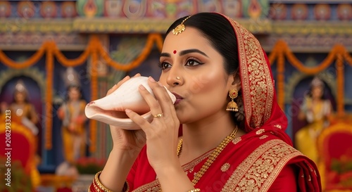 Devout Indian Woman in Red Saree Blowing Auspicious Conch Shell during Traditional Ceremony