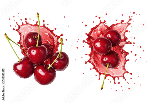 Vibrant, crimson bing cherries exploding into a chaotic, frozen deep red juice splash, highly detailed macro product photography on transparent background, concept for beverage advertising