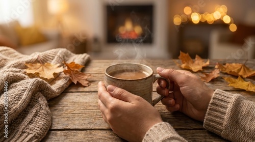 Hands holding hot coffee mug in cozy autumn setting