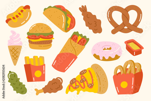 Vector set of hand-drawn fast food elements, junk food illustrtation