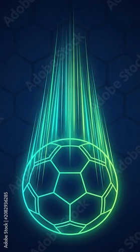 Futuristic neon soccer ball with glowing trails in dark background