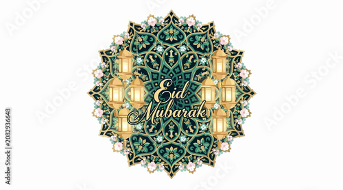Eid Mubarak greeting card with lanterns and floral patterns