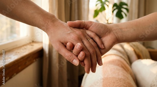 Compassionate holding hands in warm sunlight, supportive touch for elderly care, close up of comforting hands in cozy home interior