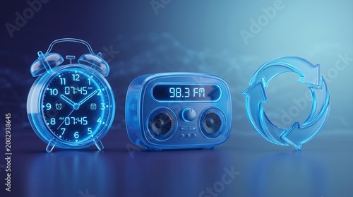 Futuristic blue glass alarm clock and radio with recycle symbol, glowing translucent morning routine objects, 3D render of digital time and frequency