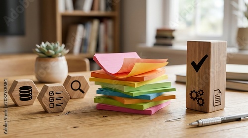 Project management wooden blocks with business icons, colorful sticky notes on office desk, task organization and productivity concept