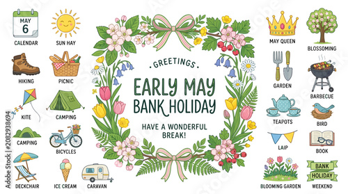Early May Bank Holiday Greeting Card with Spring Illustrations and Icons