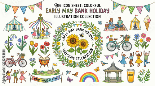 Early May Bank Holiday Icon Sheet: Celebration, Flowers, Fun, Vintage Style