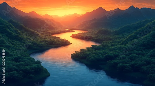 River winding through valley at sunset