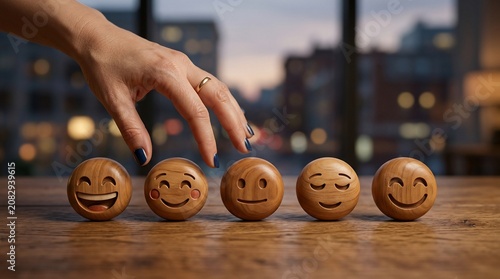 Wooden emoji spheres for customer feedback, hand choosing happy face icon on table, emotional rating and satisfaction survey concept