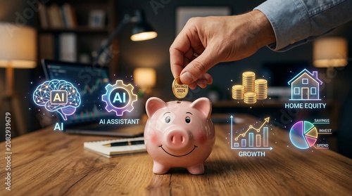 AI financial assistant concept with pink piggy bank, hand putting coin in bank with digital growth icons, artificial intelligence home equity savings
