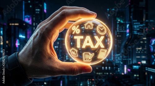 Tax planning concept with glowing crystal ball, hand holding glass sphere with tax icons, futuristic financial management in city at night